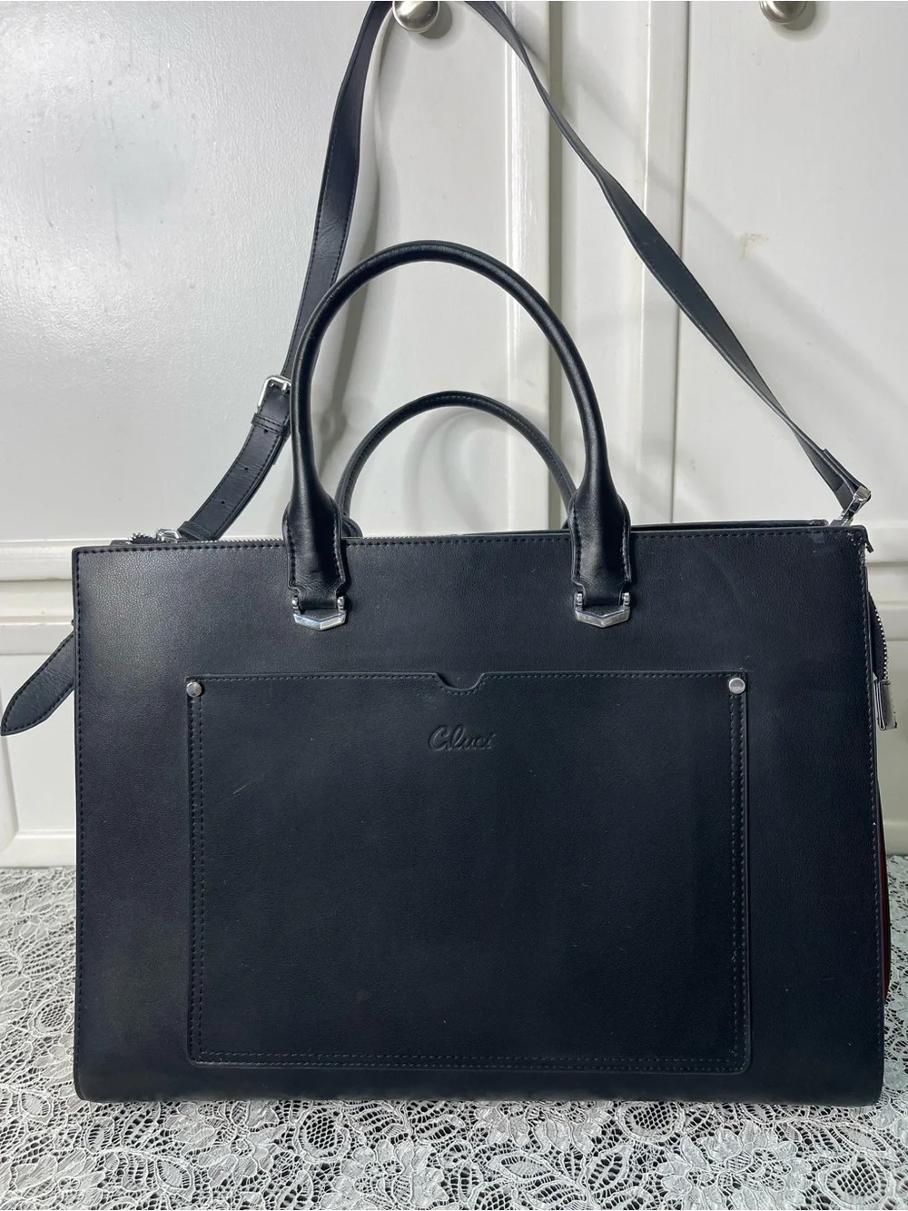 Cluci Black Vegan Leather Laptop Briefcase Shoulder Bag Tote Colorblock Gusset